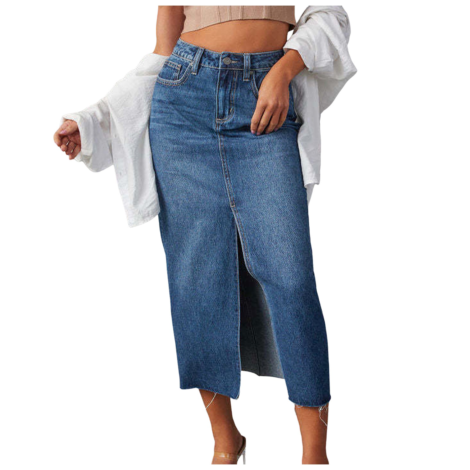 thumbnail image 1 of Falda vaquera de mujer: cintura media-alta, bolsillos, midi elástica y ajustada, informal/para fiesta, tallas S-XXL, 1 of 5